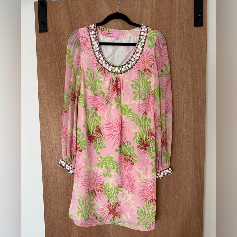 Lilly Pulitzer silk Harper dress dirty Shirley pink green size 8